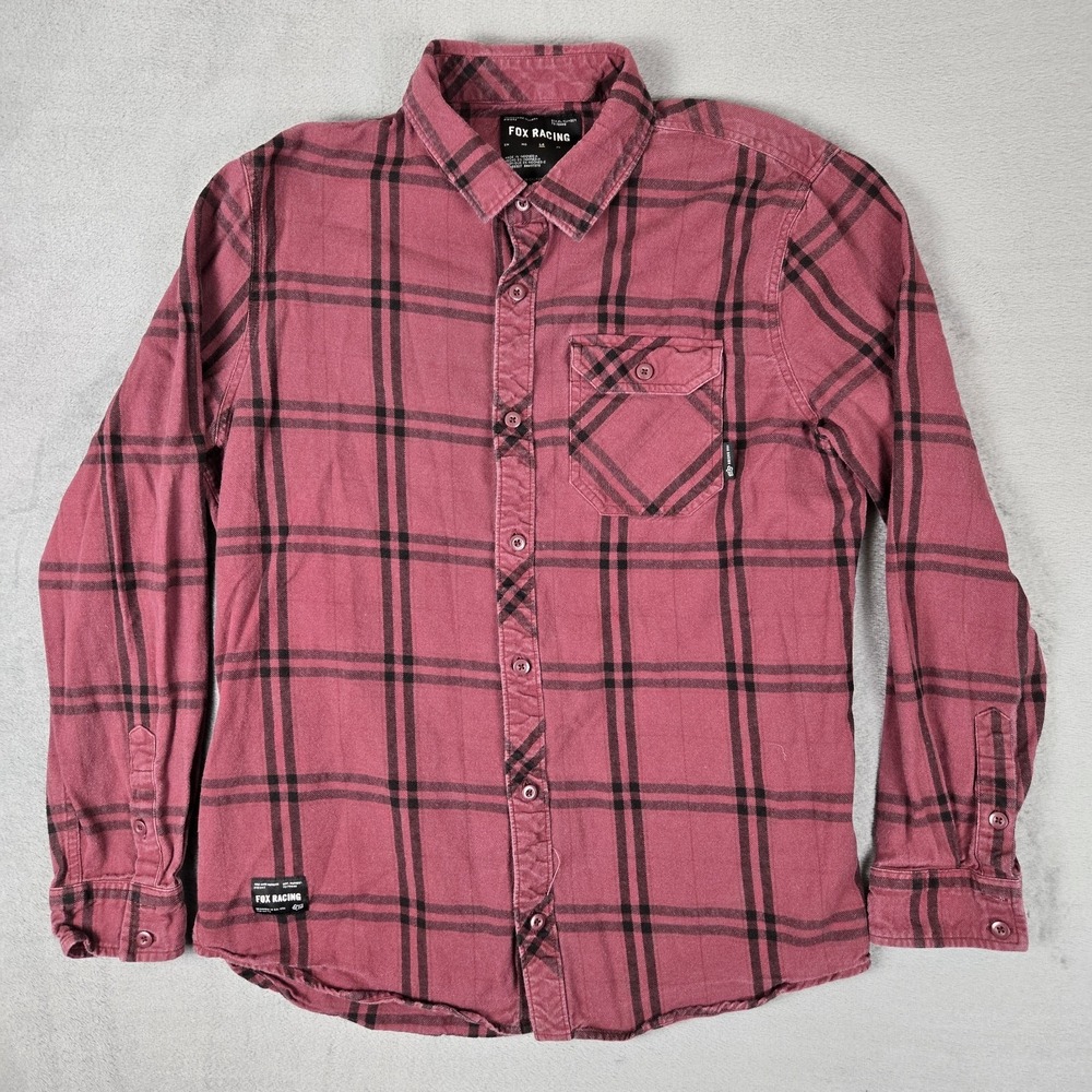 Fox Racing Shirt Mens Large Red Black Plaid Flannel Pockets‎ Logo Riding Moto